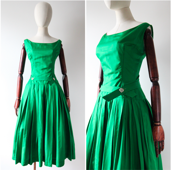 "Evergreen & Rhinestones" Vintage 1950's Suzy Perette Evergreen Silk & Rhinestone Dress UK 8 US 4