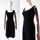 "Velvet & Rhinestones" Vintage 1950's Black Velvet & Rhinestone Embellished Cocktail Dress UK 8 US 4