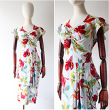 "Fallen Leaves" Vintage 1940's Autumnal Leaf Print Crepe Silk Dress UK 12 US 8