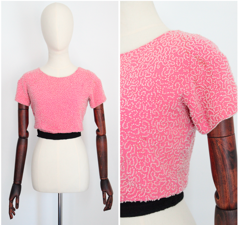 "French Rose Beadwork" Vintage 1930's French Rose Pink Silk & Beaded Blouse UK 6 US 2