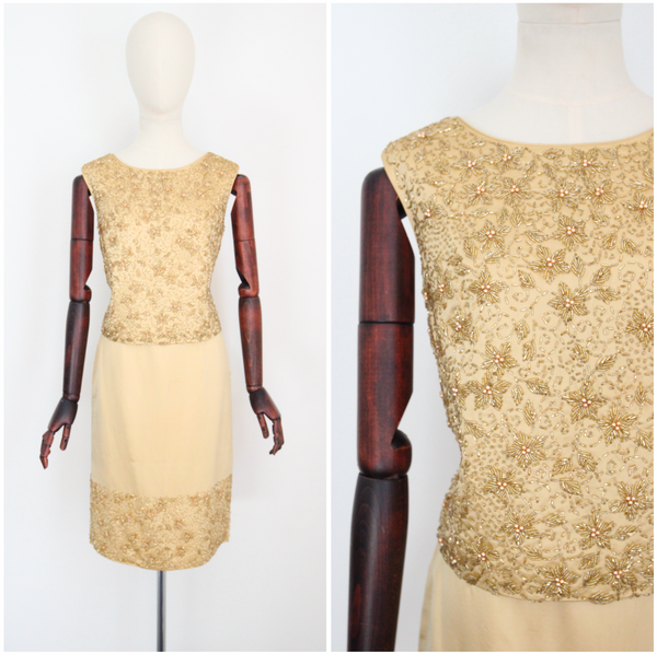 "Gold Satin & Beads" Vintage 1960's Gold Satin & Beaded Blouse & Skirt Set UK 8-10 US 4-6