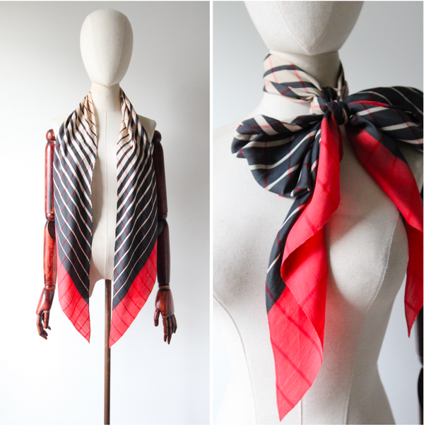 "Art Deco Plaid" Vintage 1930's Red,Black & Cream Plaid Dagger Silk Scarf