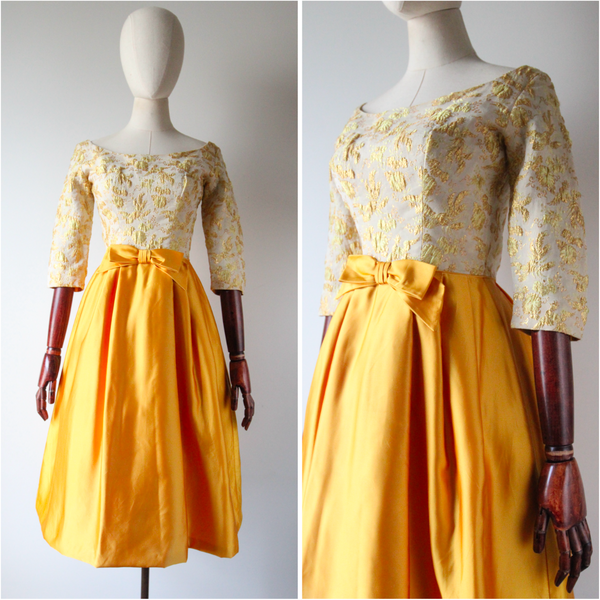 "Phoenix Brocade & Satin" Vintage 1950's Yellow & Gold Brocade Cocktail Dress UK 6 US 2