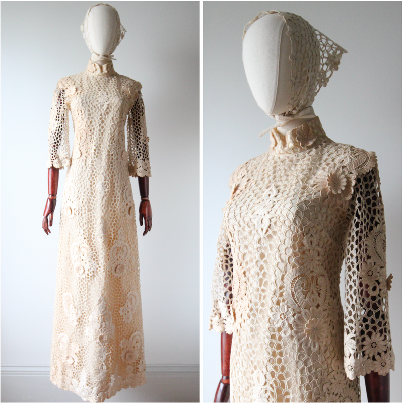 "Cream Floral Lace" Vintage 1960's Cream Floral Lace Dress & Matching Bandana UK 8-10 US 4-6