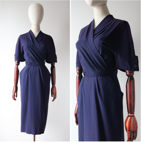 "Navy Blue Pleats" Vintage 1940's Navy Blue Pleated Button Back Dress UK 10 US 6