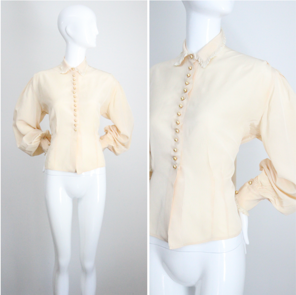"Champagne Pearls" Vintage 1940's Cream Rayon & Peal Button Blouse UK 12 US 8