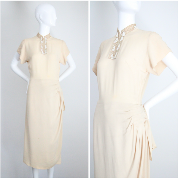 "Rocailles Tassels" Vintage 1940's Cream Soutache & Beaded Embellished Dress UK 8 US 4