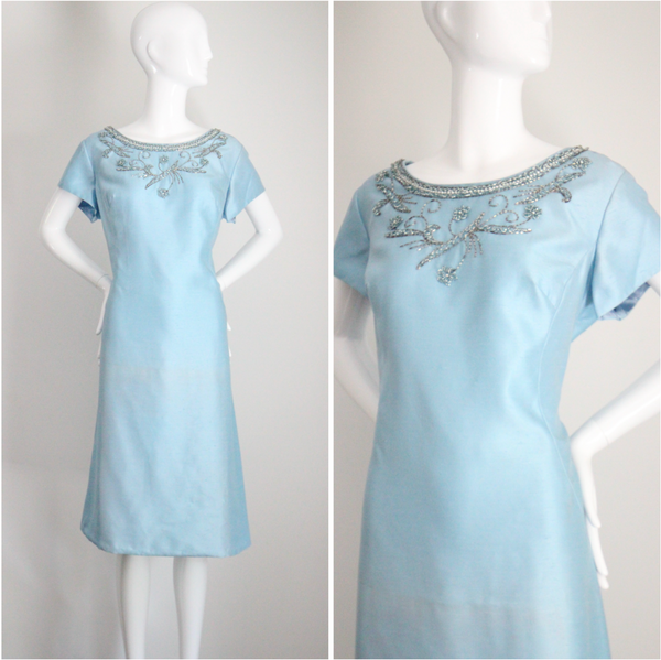 "Sky Blue Silk Beadwork" Vintage 1960's Sky Blue Silk Beaded Cocktail Dress UK 16 US 12