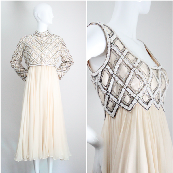 "Silk Chiffon & Silver Beadwork" Vintage 1960's Silk Chiffon & Silver Beaded Dress & Jacket Ensemble UK 10 US 6