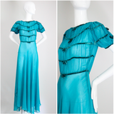 "Turquoise Chiffon & Velvet" Vintage 1930's Turquoise Blue Silk Chiffon & Velvet Dress UK 8 US 4