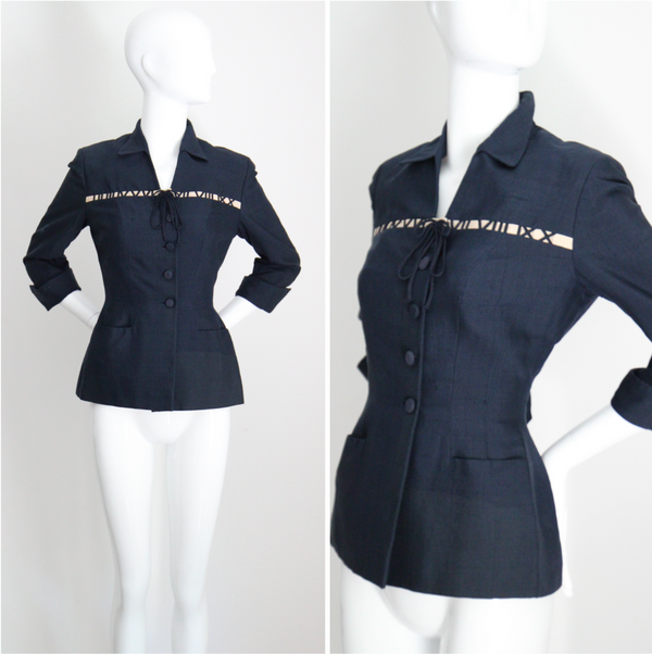 "The Timekeeper" Vintage 1940's Navy Blue Silk & Roman Numeral Jacket UK 8 US 4