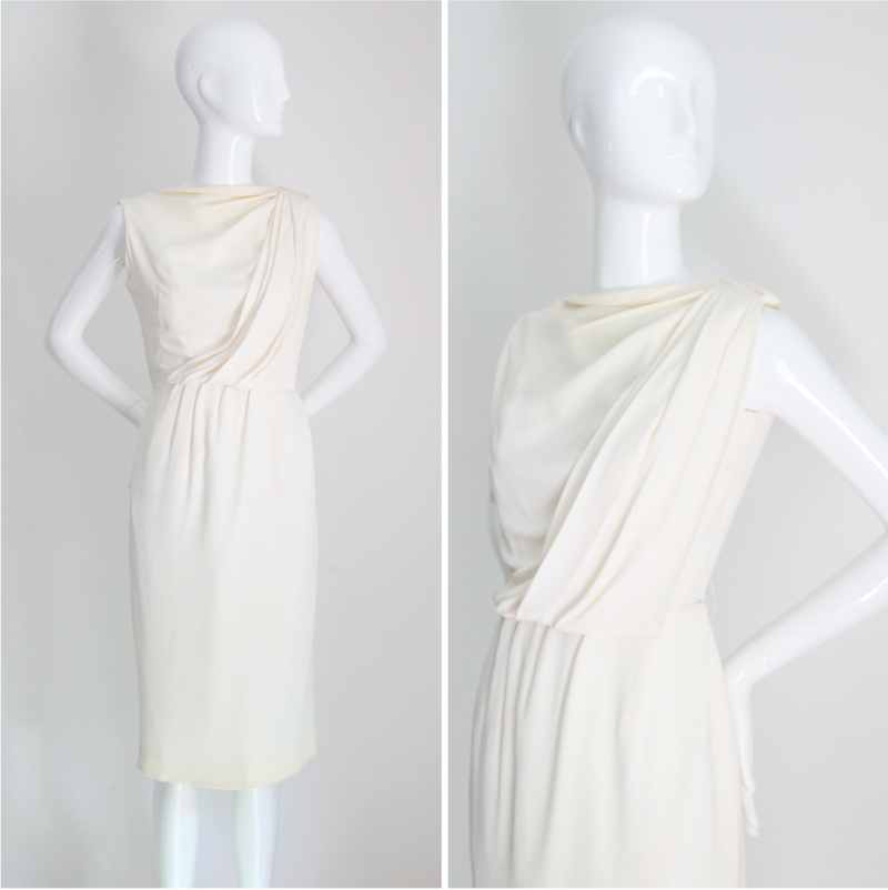 "Draped Pleating" Vintage 1950's Cream Draped & Pleated Dress UK 8 US 4
