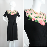 "Illusion Roses" Vintage 1940's Rose Embellished Black Crepe Silk Dress UK 8-10 US 4-6