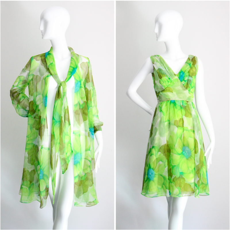 "Palette of Florals" Vintage 1960's Green Floral Chiffon Dress & Coat Ensemble UK 8-10 US 4-6