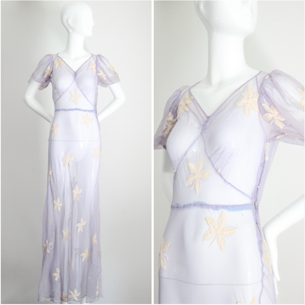 "Soft Lilac Embroidery" Vintage 1930's Lilac Cotton Voile Embroidered Gown UK 8 US 4