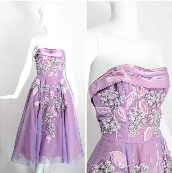 "Beaded Lilacs" Vintage 1950's Beaded Lilac Dress & Jacket UK 8 US 4