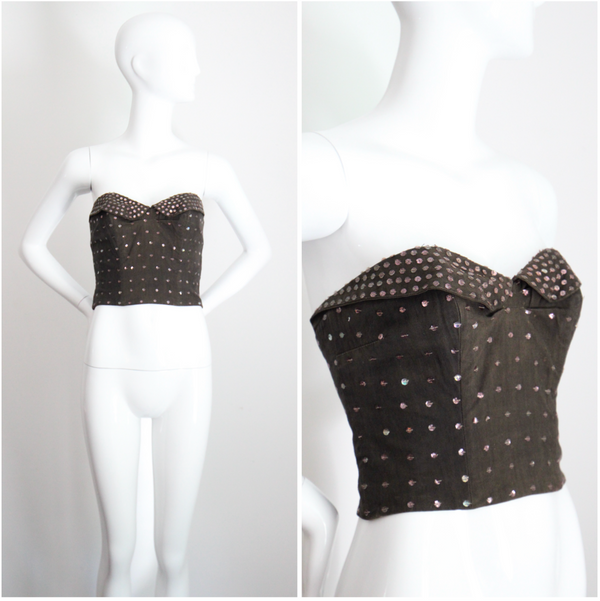 "Sequin Bustier" Vintage 1950's Charcoal Cotton & Pink Sequin Bustier UK 12 US 8