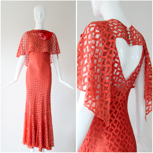 "Coral Lace & Lamé" Vintage 1930's Coral Lace & Lamé Gown and Mantle Ensemble UK 6-8 US 2-4