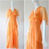 "Apricot Petals" Vintage 1960's Apricot Chiffon Tiered Dress UK 10 US 6