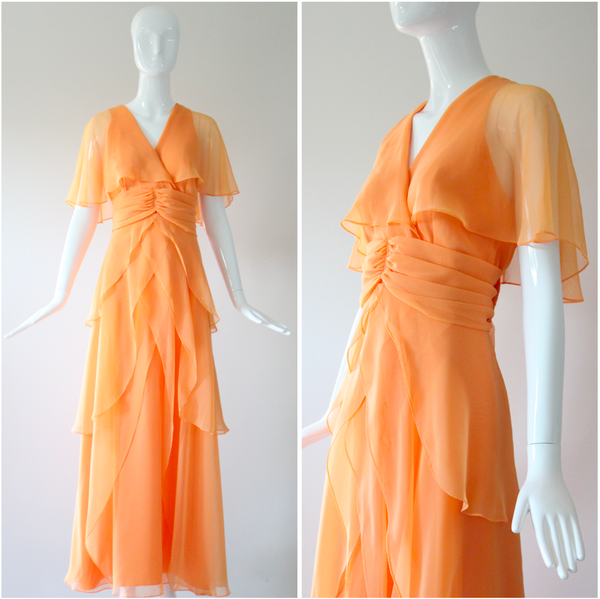 "Apricot Petals" Vintage 1960's Apricot Chiffon Tiered Dress UK 10 US 6