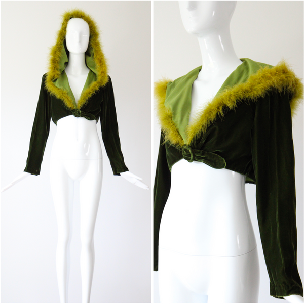 "Chartreuse Marabou" Vintage 1960's Forest Green Velvet & Chartreuse Marabou Cropped Jacket UK 12 US 8