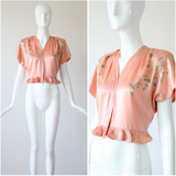 "Hand Painted Florals" Vintage 1940's Ballerina Pink Painted Blouse UK 8 US 4