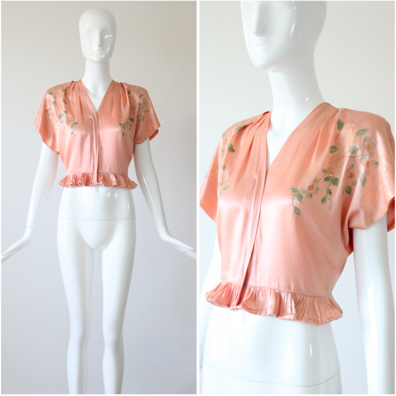 "Hand Painted Florals" Vintage 1940's Ballerina Pink Painted Blouse UK 8 US 4