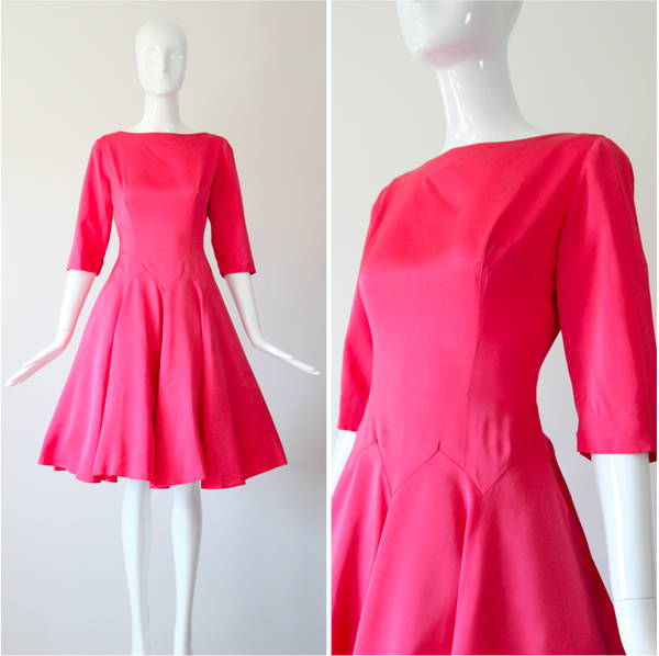 "Pointed Seams" Vintage 1950's Coral Pink Satin Dress UK 8 US 4
