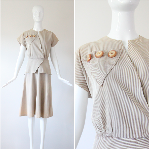 "Stone Pinstripes" Vintage 1940's Stone & Cream Pinstripe Dress UK 10 US 6