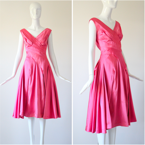"Sweet Pink Pleats" Vintage 1950's Duchess Satin Sweet Pink Pleated Dress UK 8-10 US 4-6