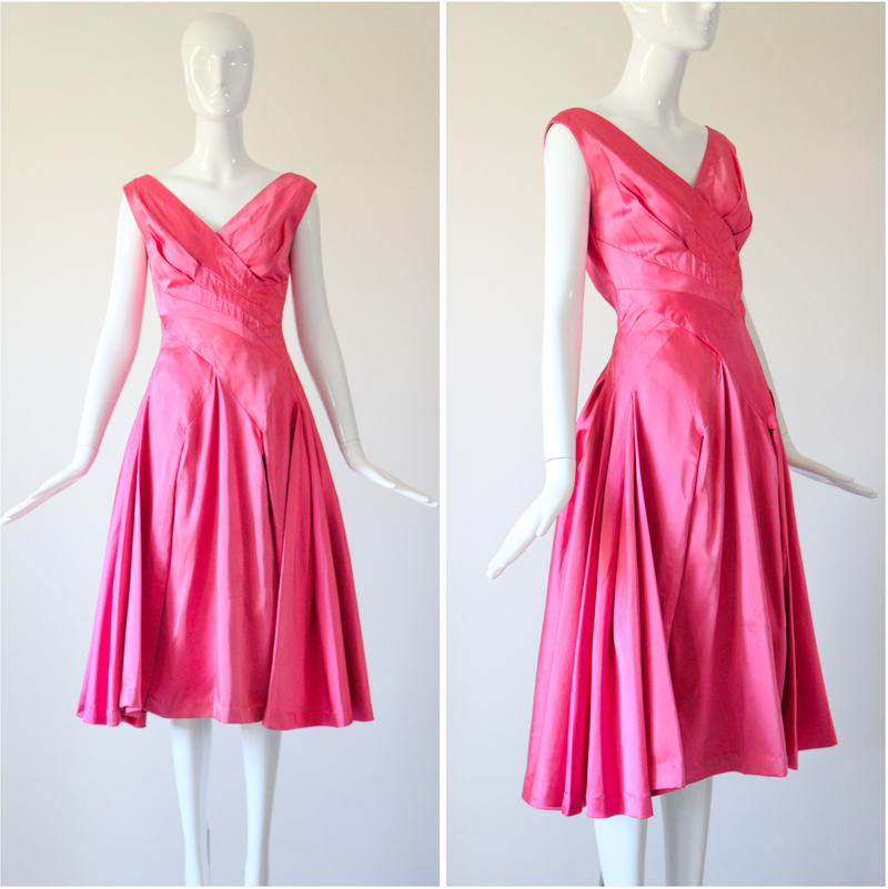"Sweet Pink Pleats" Vintage 1950's Duchess Satin Sweet Pink Pleated Dress UK 8-10 US 4-6