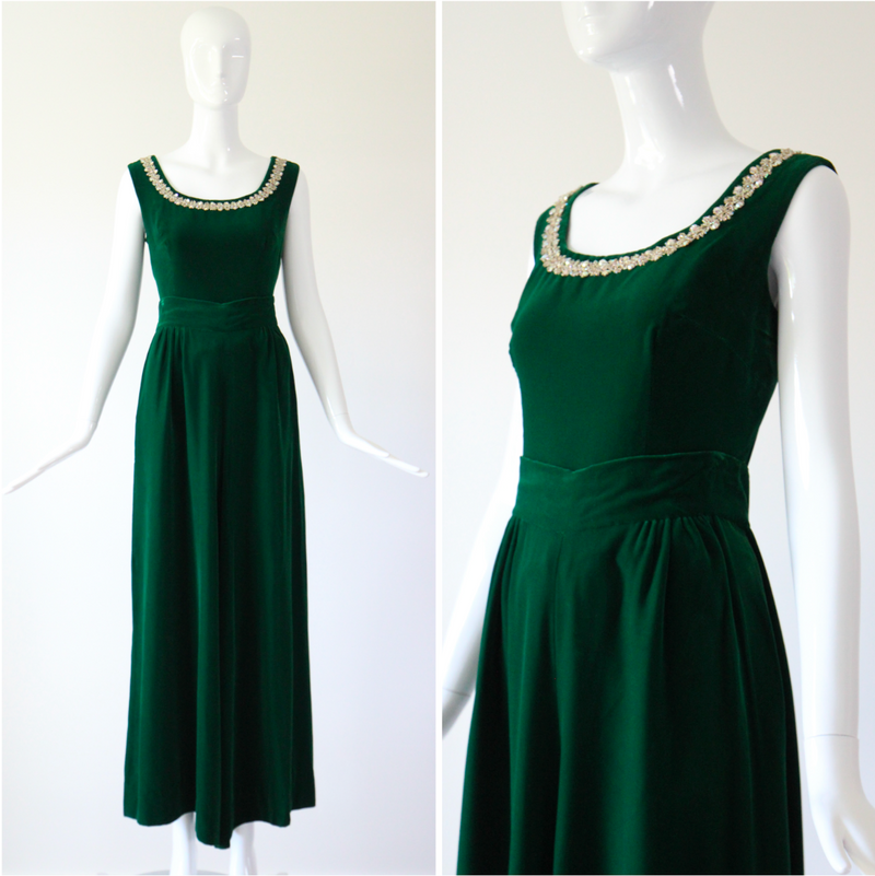 "Emerald Palazzo" Vintage 1960's Emerald Green Velvet Palazzo Trouser Set UK 10 US 6
