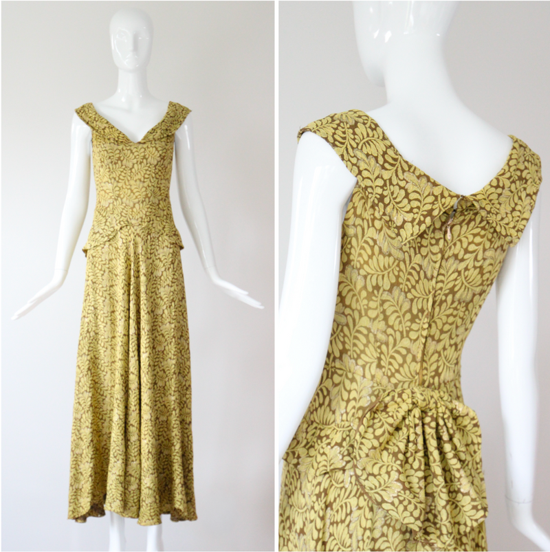 "Chartreuse Lamé" Vintage 1930's Chartreuse Green Lamé Evening Gown UK 6 US 2