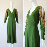 "Amber Lamé" Vintage 1930's Moss Green Silk & Amber Lamé Evening Gown UK 12-14 US 8-10