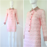 "Beaded Floral Lace" vintage 1960's Pink Floral Lace Beaded Dress UK 8 US 4