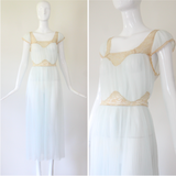 "Pale Blue Pleats & Lace" Vintage 1950's Pale Blue Nylon & Lace Gown UK 12 US 8