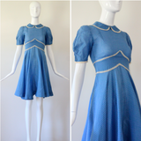 "Embroidered Polkadots" Vintage 1940's French Blue Polkadot Day Dress UK 4 US 0