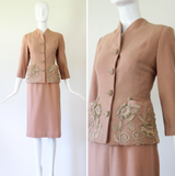"Blush Soutache" Vintage 1940's Blush Wool Soutache Embellished Skirt Suit UK 6 US 2
