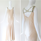 "Cream Satin & Glass Beads" Vintage 1930's Cream Satin Bead Embellished Evening Gown UK 10 US 6