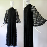 "Black Lace Angel Sleeves" Vintage 1960's Black Lace Angel Sleeve Gown UK 10 US 6