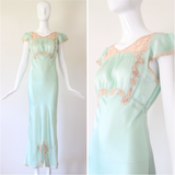 "Mermaid Blue Silk" Vintage 1930's Silk & Lace Gown UK 8 US 4