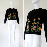 "Muted Embroidered Florals" Vintage 1950's Black Floral Embroidered Cardigan UK 12 US 8