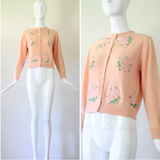 'Peony Appliqués" Vintage 1950's Pink Cashmere Peony Appliques Cardigan UK 10 US 6