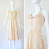 "Cream Lace & Velvet" Vintage 1940's Cream Lace & Blue Velvet Halter-neck Dress UK 8 US 4