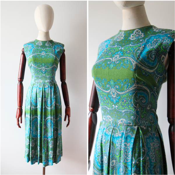 "Aqua Paisley" Vintage 1960's Aqua Paisley Cotton Dress UK 10 US 6