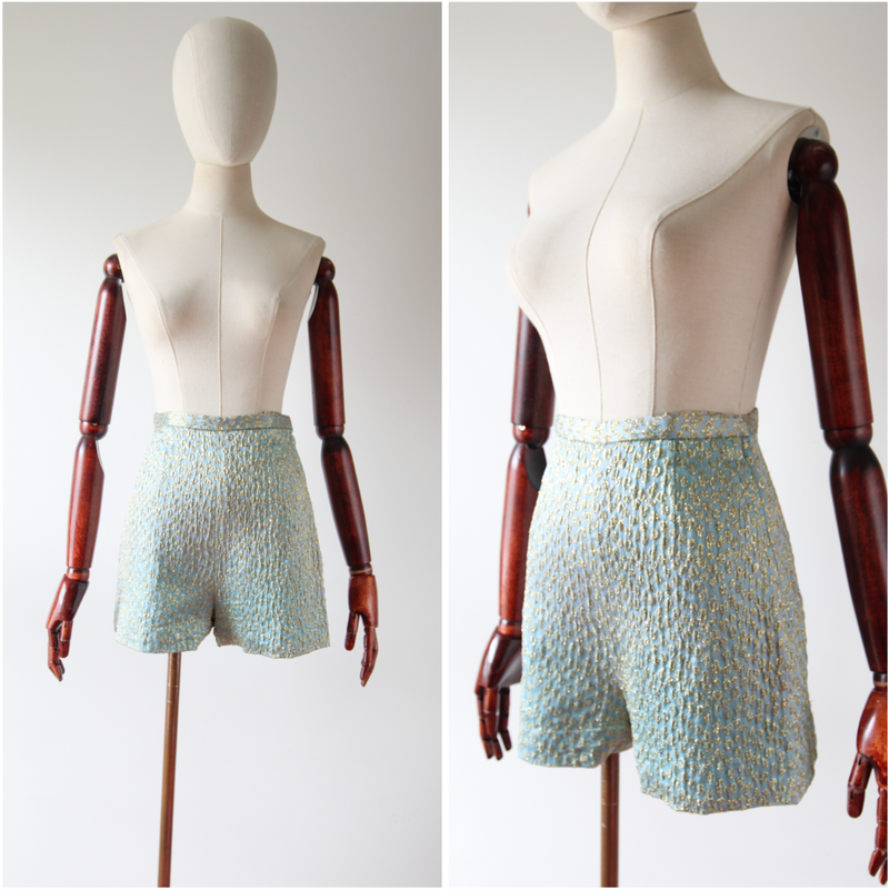 "Ice Blue & Gold Lurex" Vintage 1960's Ice Blue Silk Brocade & Gold Lurex Shorts UK 6 US 2