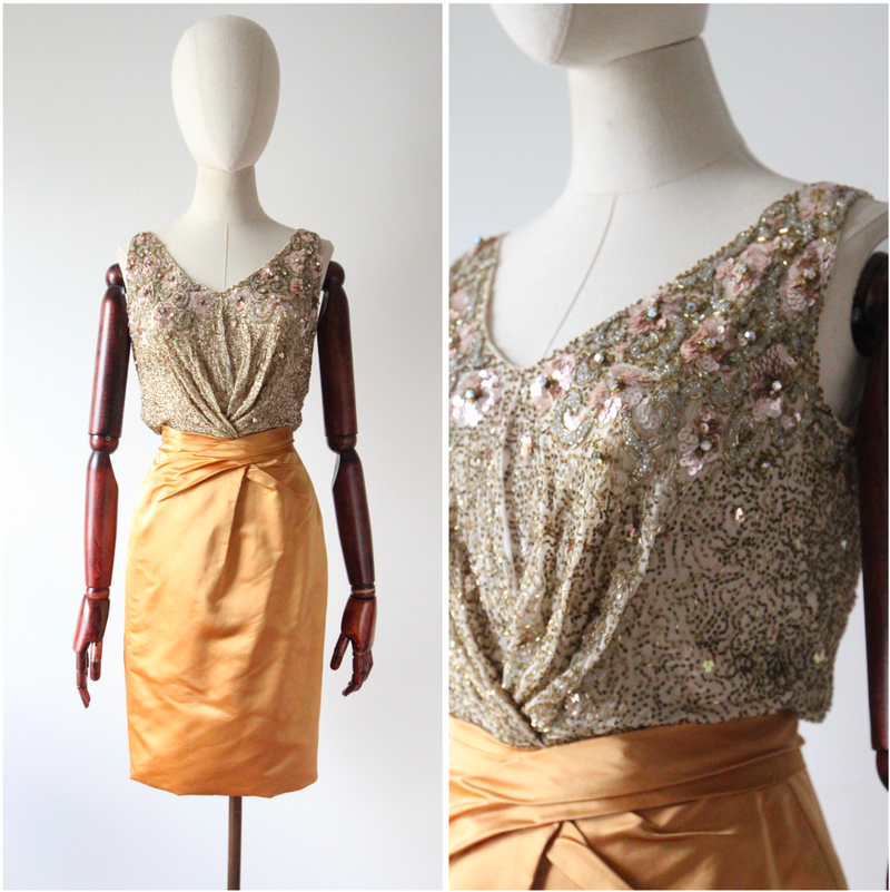 "Pink Sequins & Satin" Vintage 1950's Satin & Beadwork Silk Ceil Chapman Dress UK 6 US 2