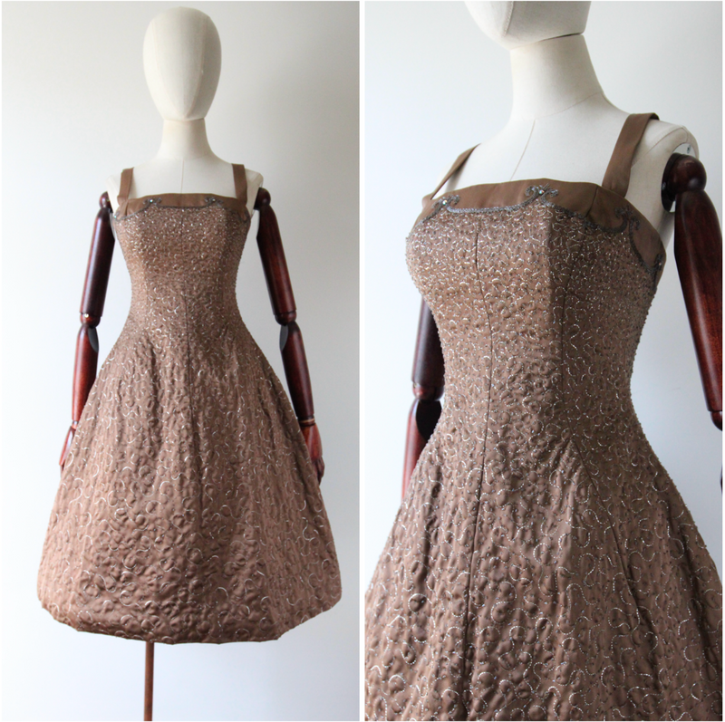 "Swirling Silver Threads & Beadwork" Vintage 1950's Beaded & Embroidered Hooped Satin Cocktail Dress UK 8 US 4