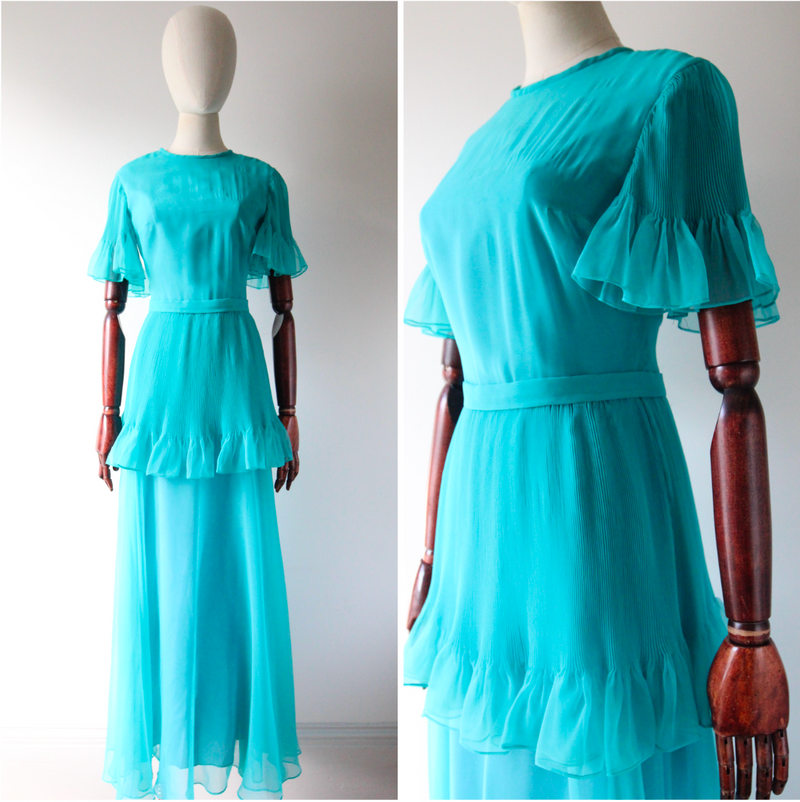 "Turquoise Pleats" Vintage 1960's Turquoise Tiered Pleated Dress UK 8-10 US 4-6