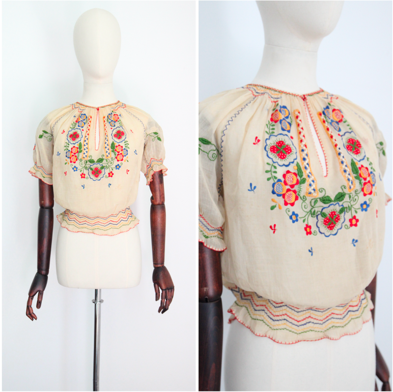 "Hungarian Floral Embroidery" Vintage 1930's Hungarian Floral Cotton Embroidered Peasant Blouse UK 12 US 8